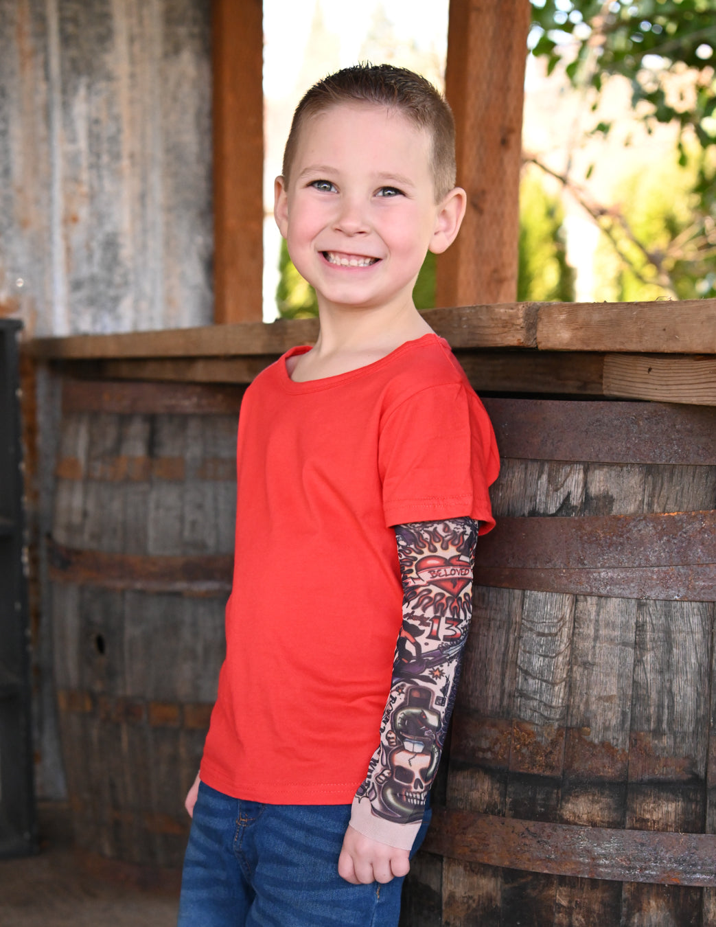 Red T-Shirt With Tattoo Sleeves